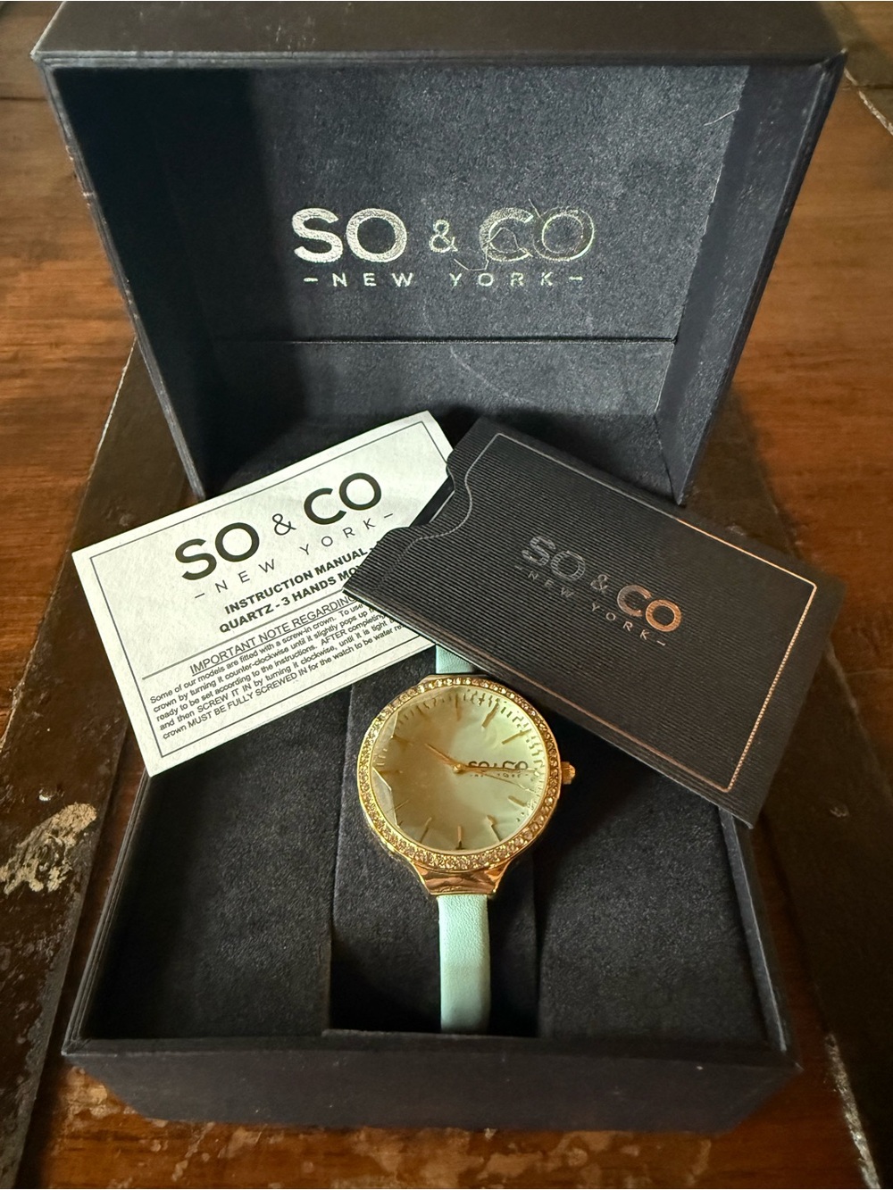 SO & CO New York SoHo Women's Watch - Gold w/ Crystal Bezel & Mint Green Leather